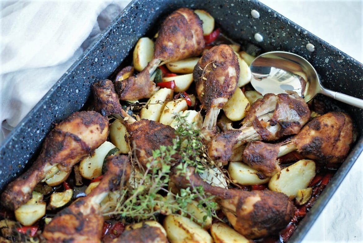 opskrift paa ovnbagt tandoori kylling med groentsager og kartofler